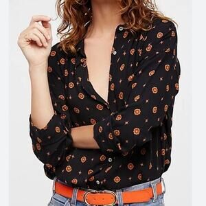 Free People Black Orange Deep V Boho Casual Long Sleeve Tunic Blouse Top Size M